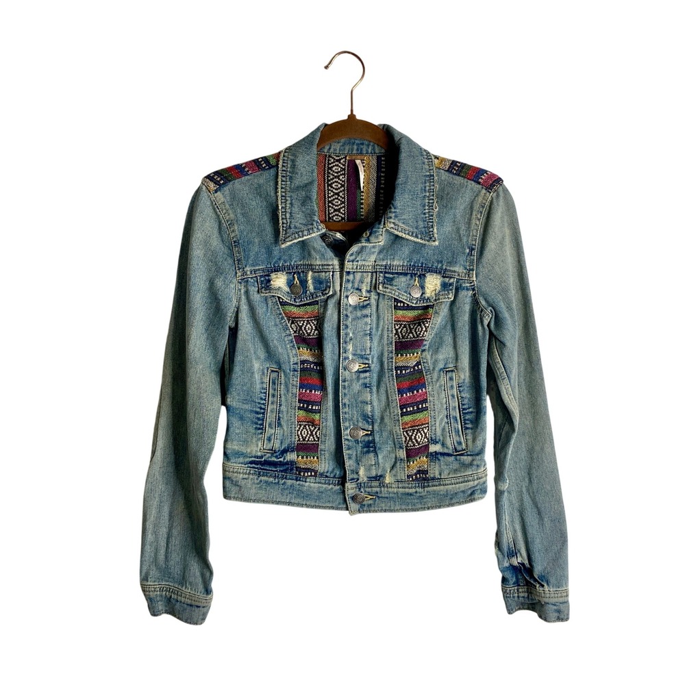 Free People Tapestry Yoke Denim Jacket 2 Distressed Southwestern Boho Festival